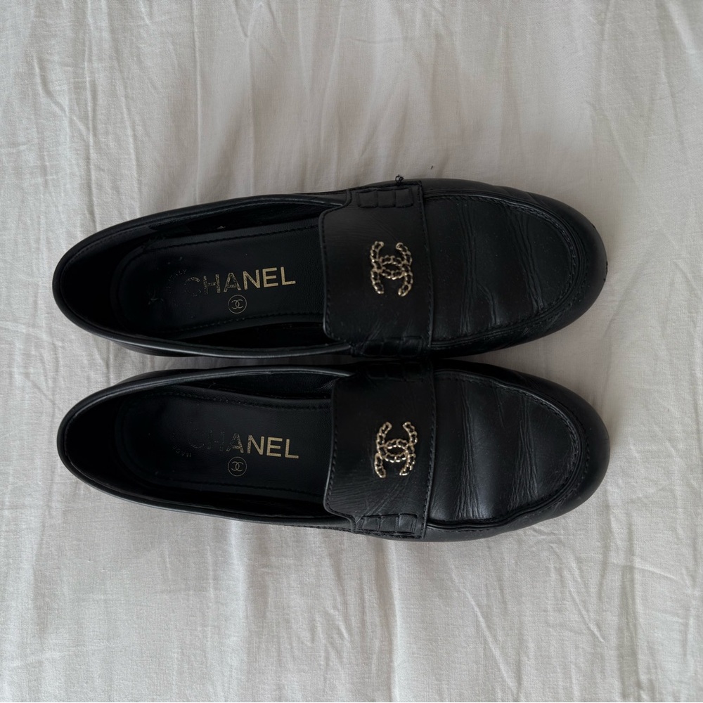 CHANEL Men's Black Loafers with Gold Accents
